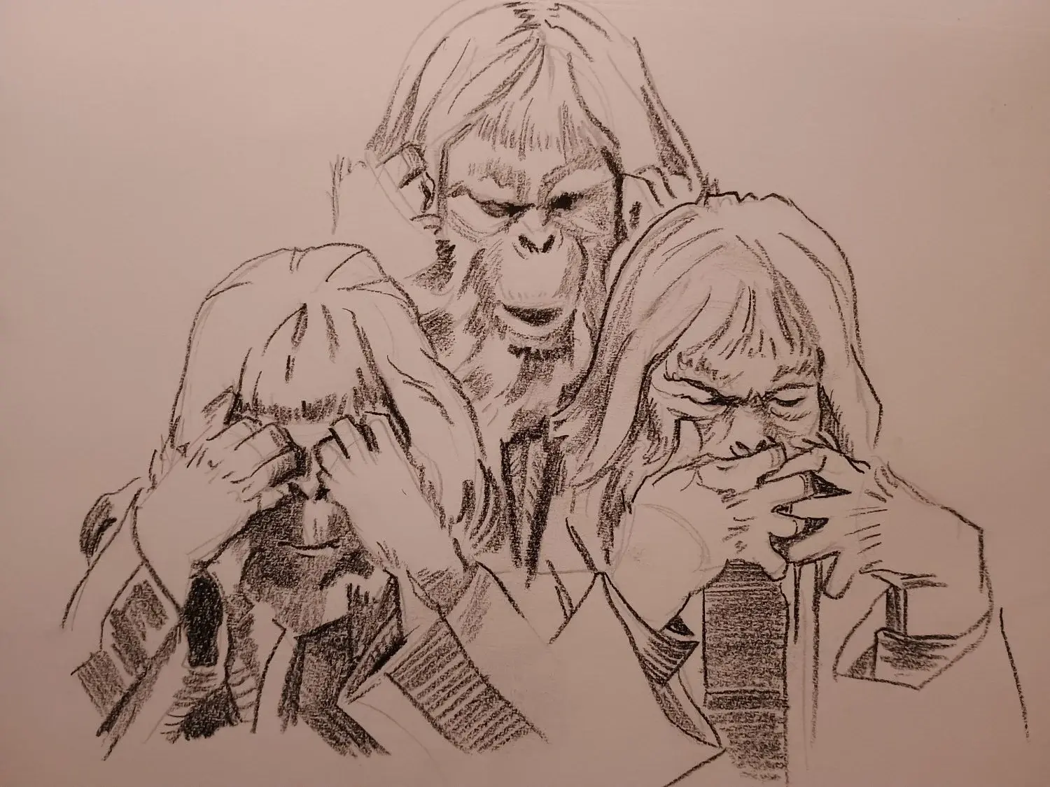 Carbon pencil collage of three orangutans mimicking "see no evil, hear no evil, say no evil" from Planet of the Apes