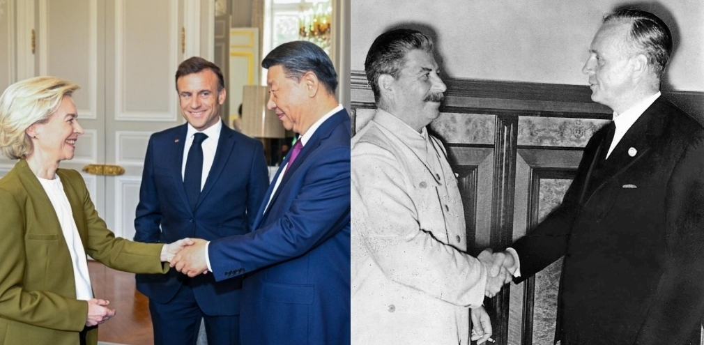 Xi Jinping shaking hands with Von der Leyen on the left and Stalin and Ribbentropt shaking hands on the right