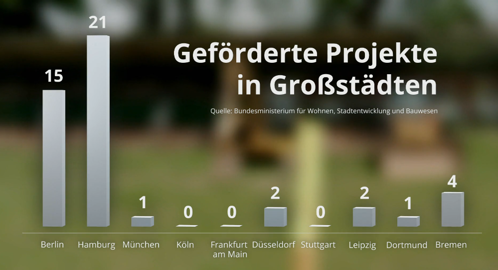 Geförderte Projekte in Großstädten
Säulendiagramm: Berlin = 15, Hamburg =21, München = 1, Köln = 0, Frankfurt = 0, Düsseldorf =2, Stuttgart= 0, Leipzi = 2, Dortmund = 1, Bremen = 4