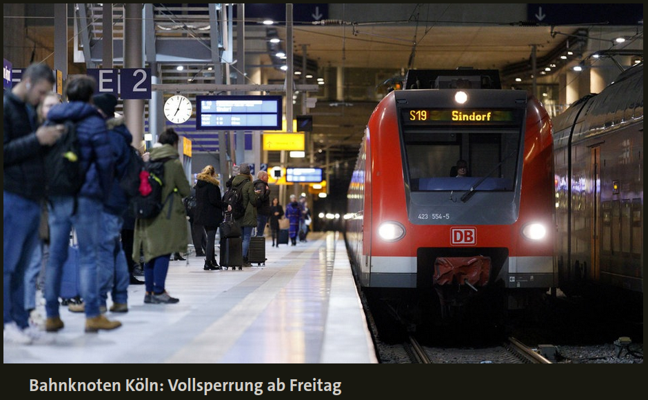 Bild eines Bahnsteigs (nicht Köln Hbf) mit S19 Richtung Sindorf
"Bahnknoten Köln: Vollsperrung ab Freitag"