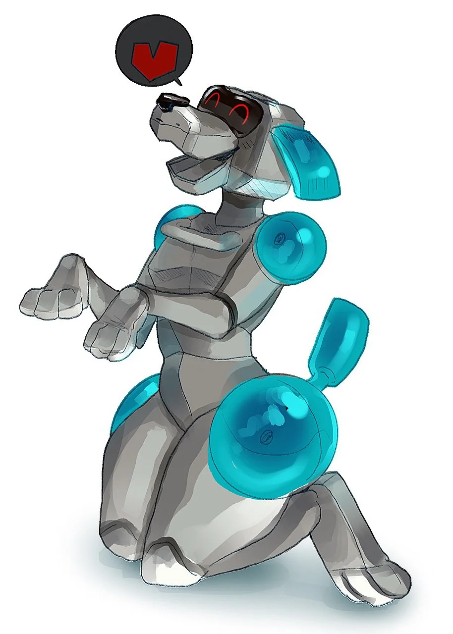 Anthro version of a plastic robot-dog animatronic toy from the 2000s
