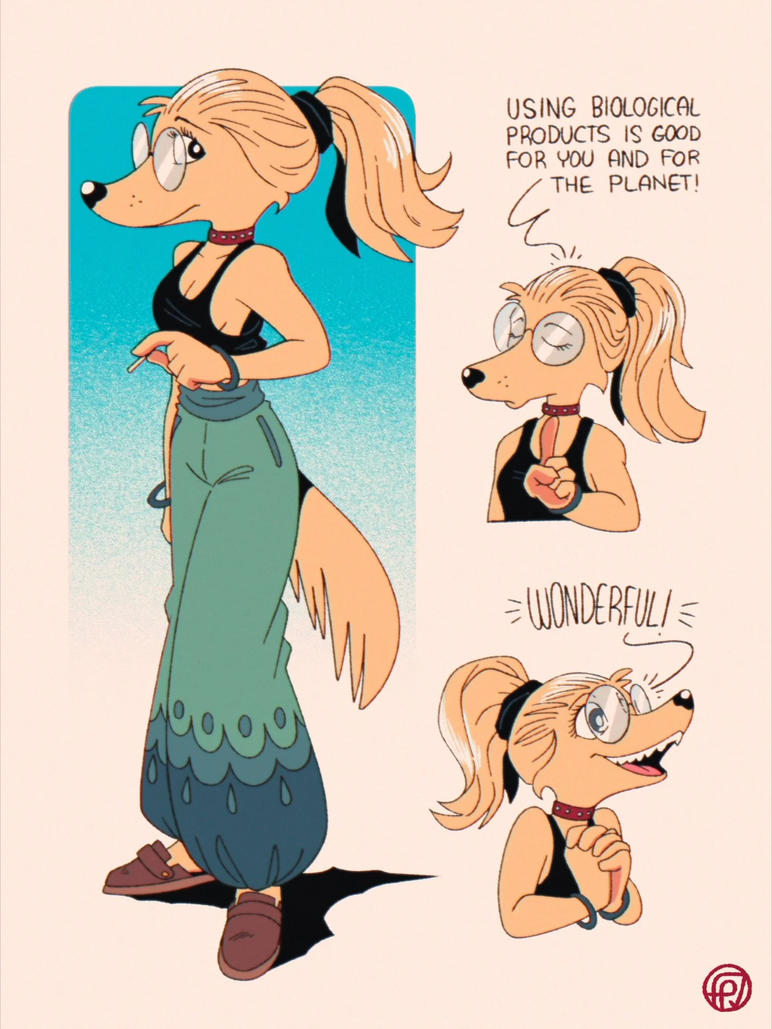Hippie Anthro saluki girl, with round glasses, tank top, baggy pants, and her blond hair in a ponytail.  Inspired by a meme image of an actual saluki with a ponytail.