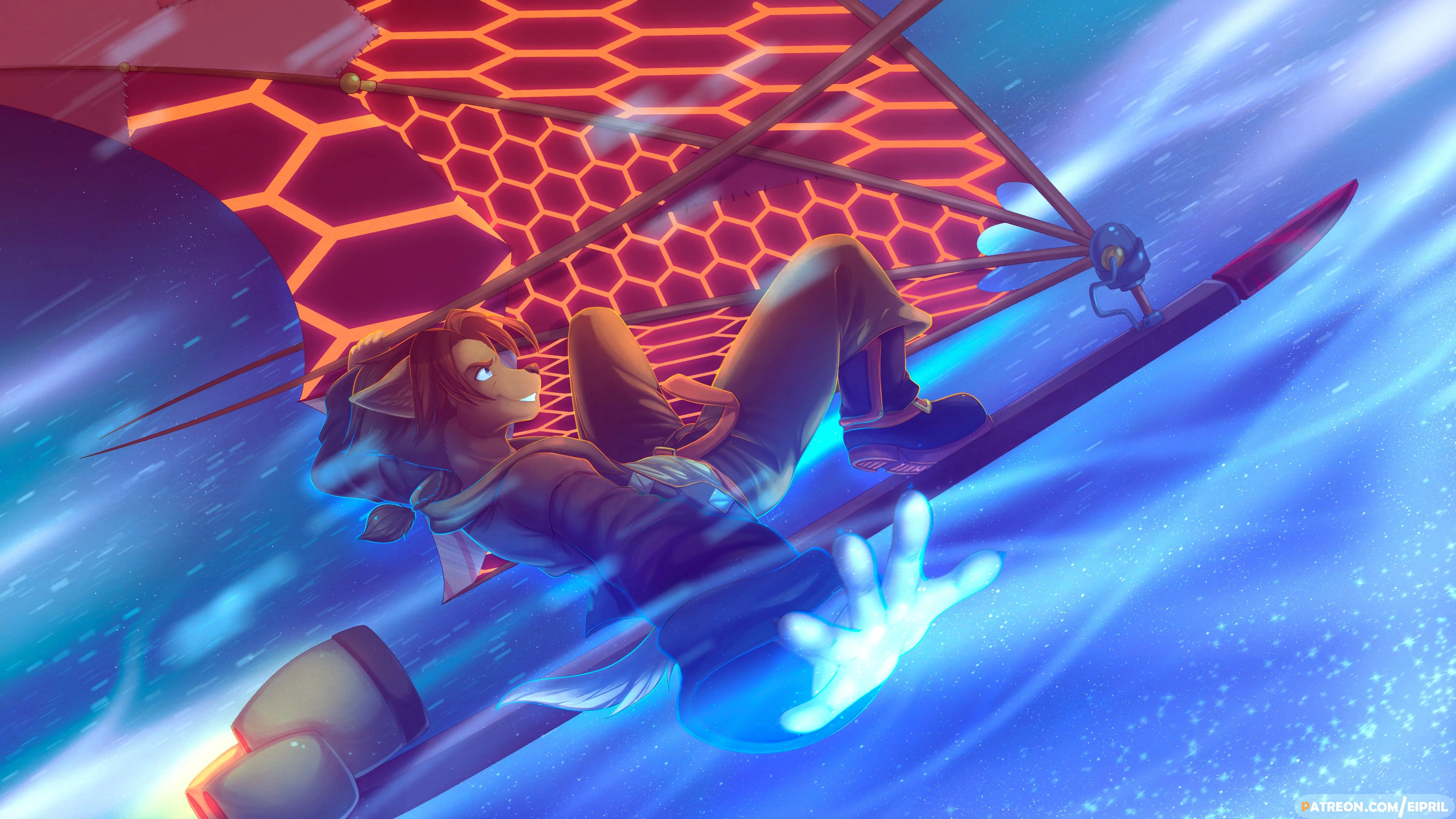 Furry version of Jim Hawkins from the 2002 Disney film "Treasure Planet", riding through comet dust on his solar sailboard