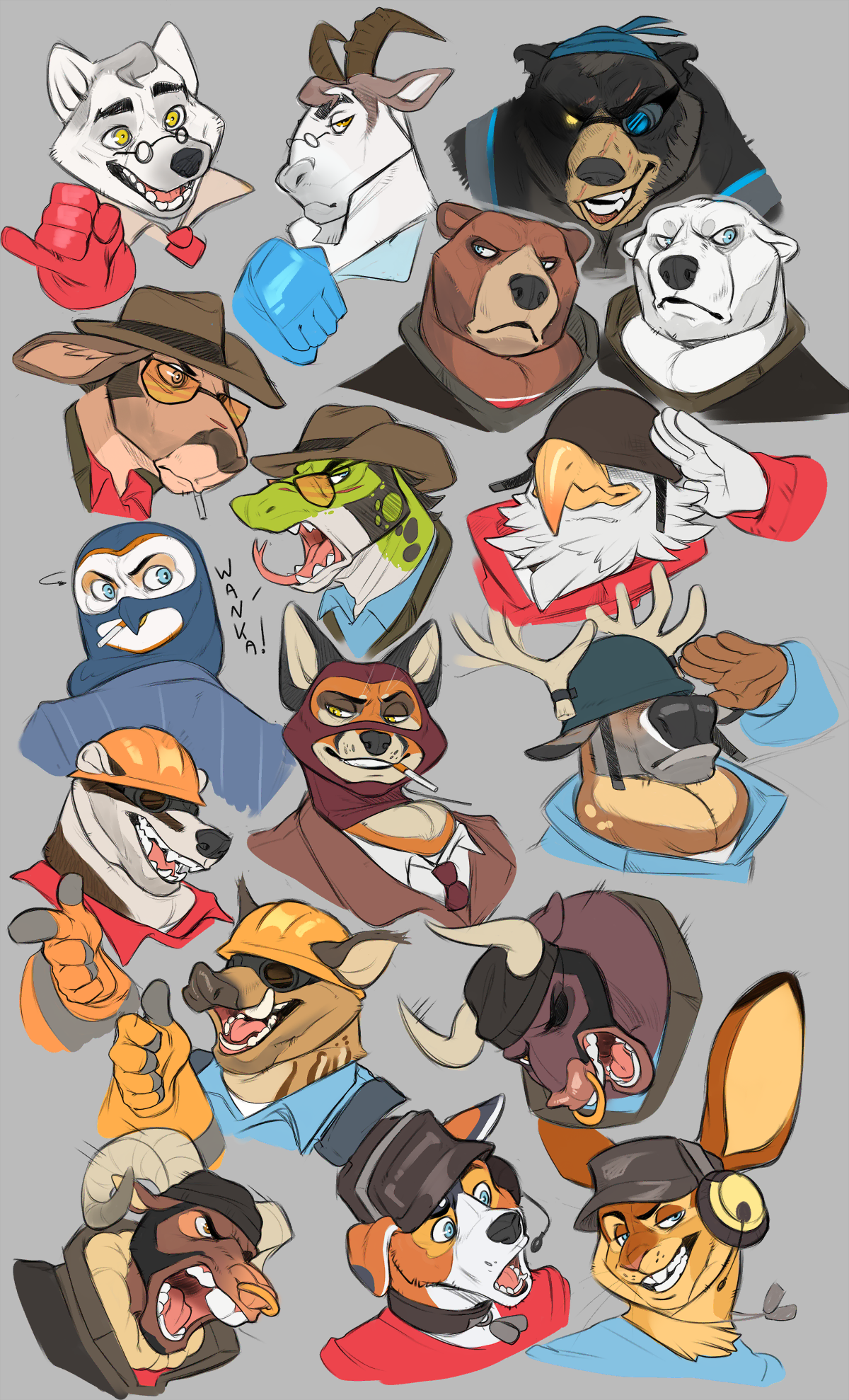 Lots of sketches, some coloured and some black & white, of the nine TF2 characters as Anthro animals of various fitting species -- Scout as a jackrabbit, Heavy as a Russian bear, Soldier as an American Eagle, Sniper as a kangaroo, etc.