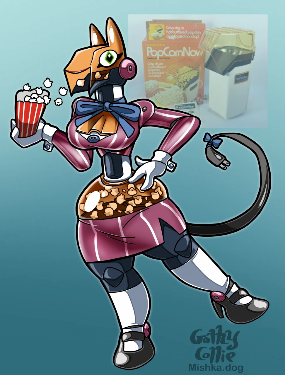 Popcorn machine that vaguely looks like a mouth, redrawn as a provocative robot catgirl-maid confectioner