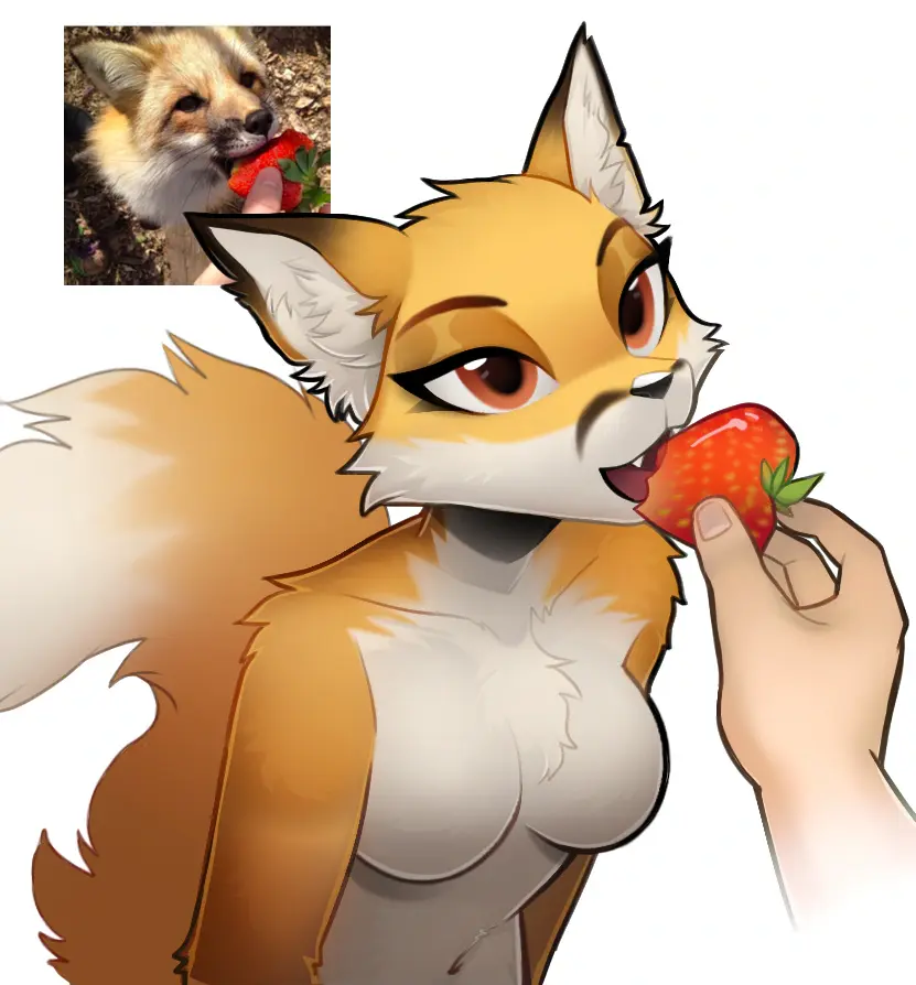 Stock/meme photo of an IRL fox being fed a strawberry, redrawn as an Anthro fox-girl