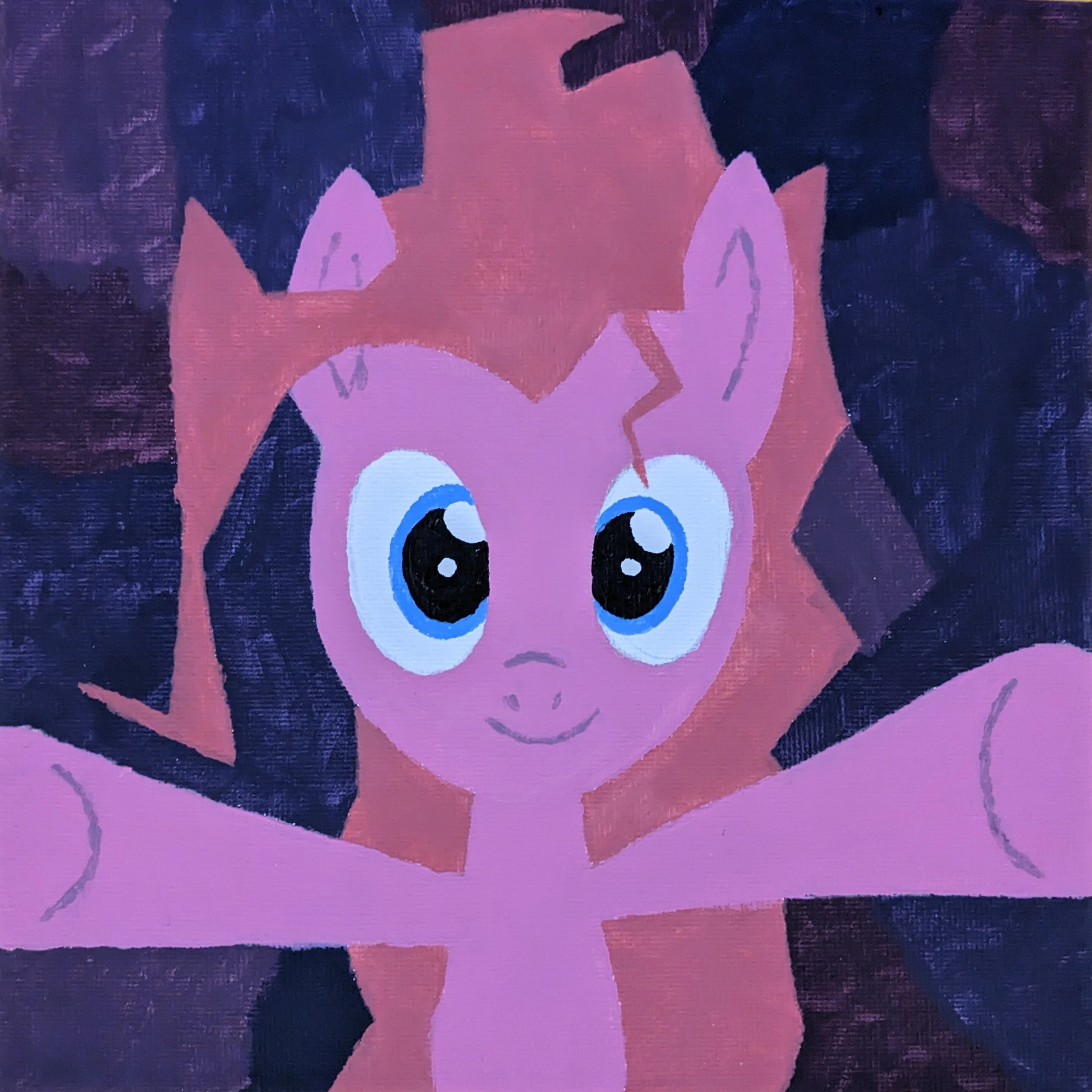 Pinkie Pie looking at camera, hooves forward to hug you (or to hold the camera), painted in acrylic