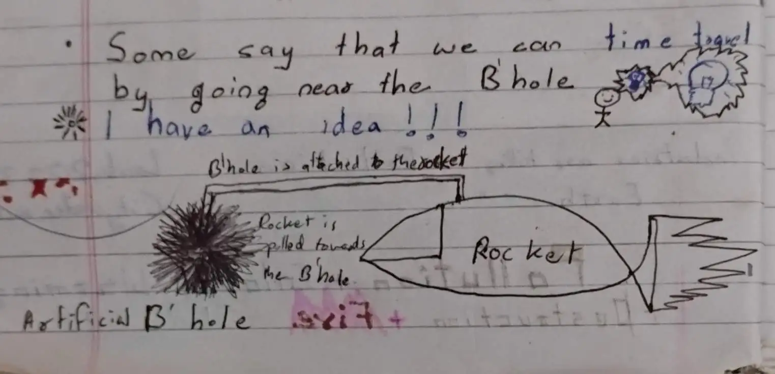 A handwritten text saying:
"Some say that we can time travel by going near the B'hole (blackhole)"

"I have an idea!!!"
Drawing of a stickman with a lightbulb going off.

Extremely crude drawing of a black hole attached to a rocket, similar to riding a donkey by holding a carrot in front of it. 