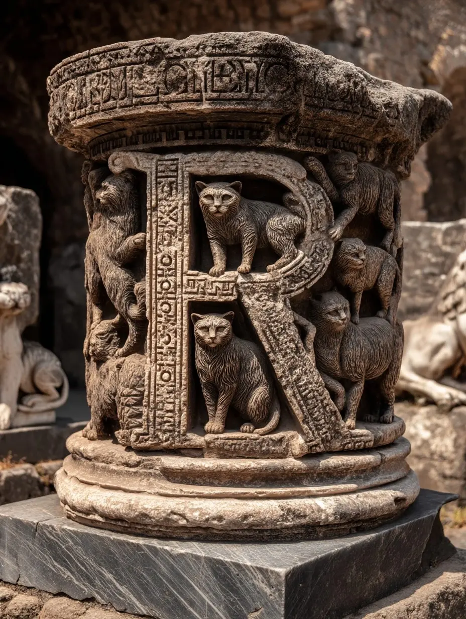 A pillar engraved with cats, the letter R is prominently featured in it's center. 