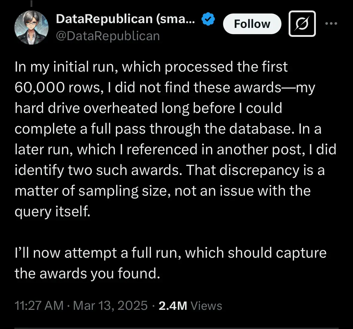 @DataRepublican on twitter

In my initial run, which processed the first 60,000 rows, I did not find these awards—my hard drive overheated long before I could complete a full pass through the database. In a later run, which I referenced in another post, I did identify two such awards. That discrepancy is a matter of sampling size, not an issue with the query itself.
I'll now attempt a full run, which should capture the awards you found.