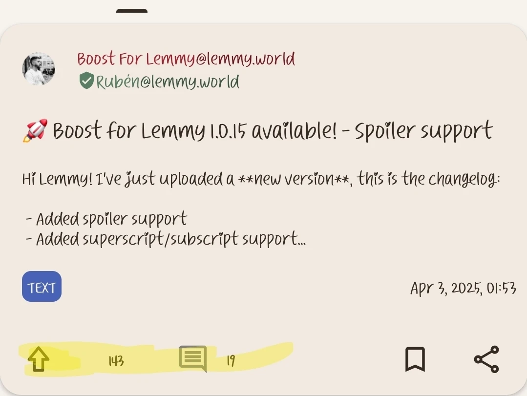 a screenshot from eternity for lemmy showing a post with the down vote button removed