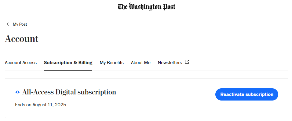 Screenshot of Washington Post subscription scheduled to end in August