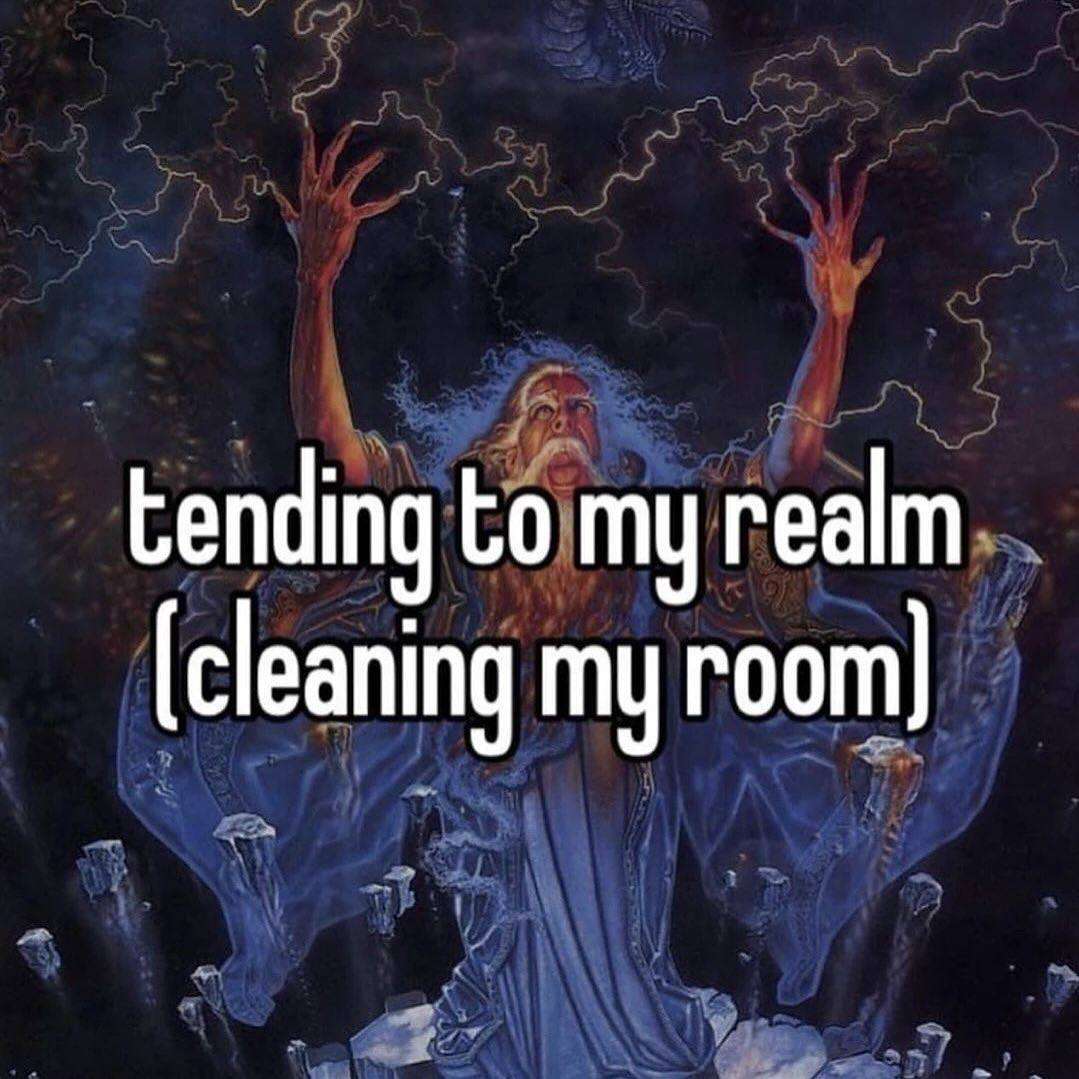 Tending to my realm (cleaning my room) with a wizard casting lightning