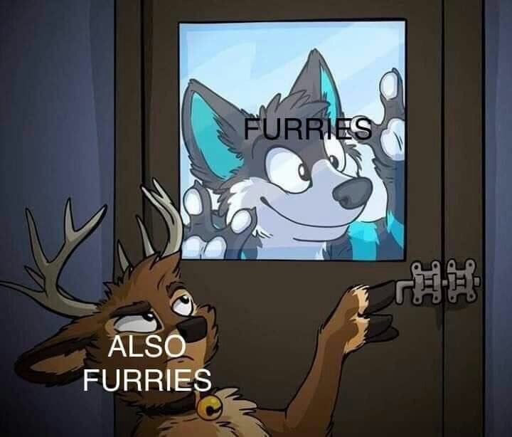 furry art by Tirrelous featuring a canine fursona labeled "furries" pressing their face against a door window while a deer fursona labeled "also furries" holds the door shut with a disgruntled facial expression