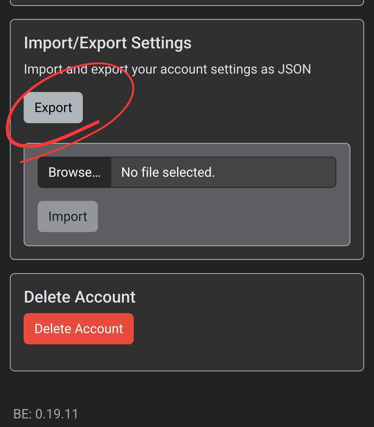 screenshot of the Lemmy settings page near the bottom. "Import/Export Settings" heading with a &description below reading "Import and export your account settings as JSON" 