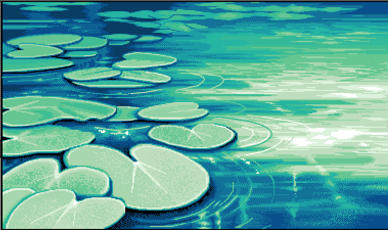 A bunch of lilypads on a lake, in blues and greens.