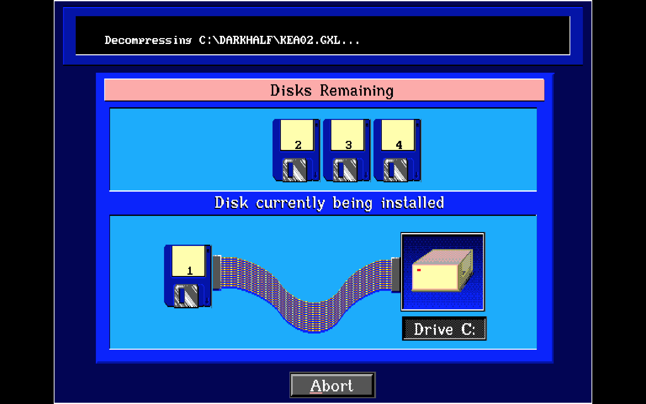 The high res installer for the Dark Half showing the current disk, and an animated floppy cable transferring information to the HDD.