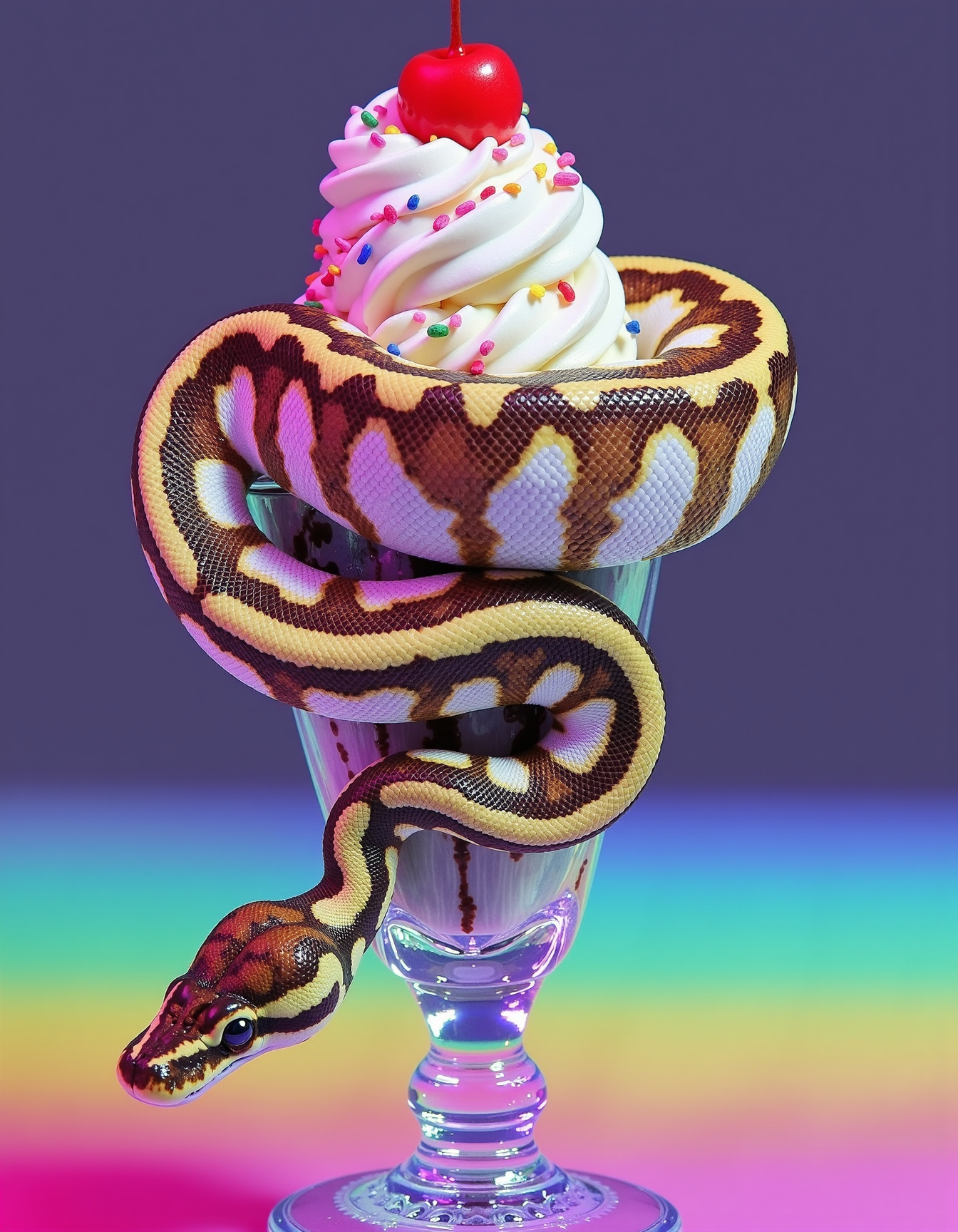 A snake wrapped around a classic ice cream sundae glass topped with sprinkles, whipped cream, and a cherry. The background is a gradient of purple to a rainbow hued surface beneath the sundae glass.