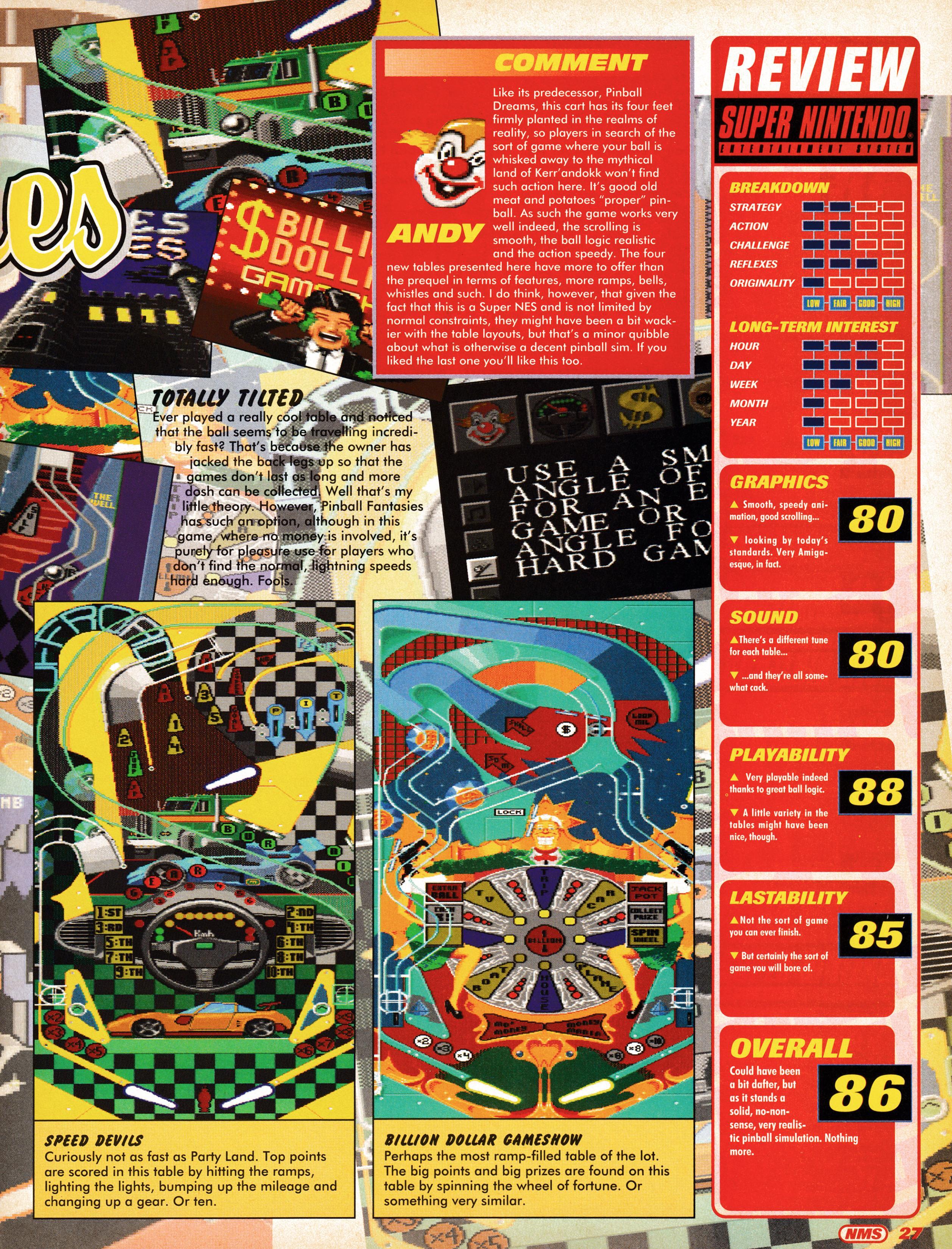 Review for Pinball Fantasies on Super Nintendo.
Taken from Nintendo Magazine System 29 - February 1995 (UK)

score: 86%