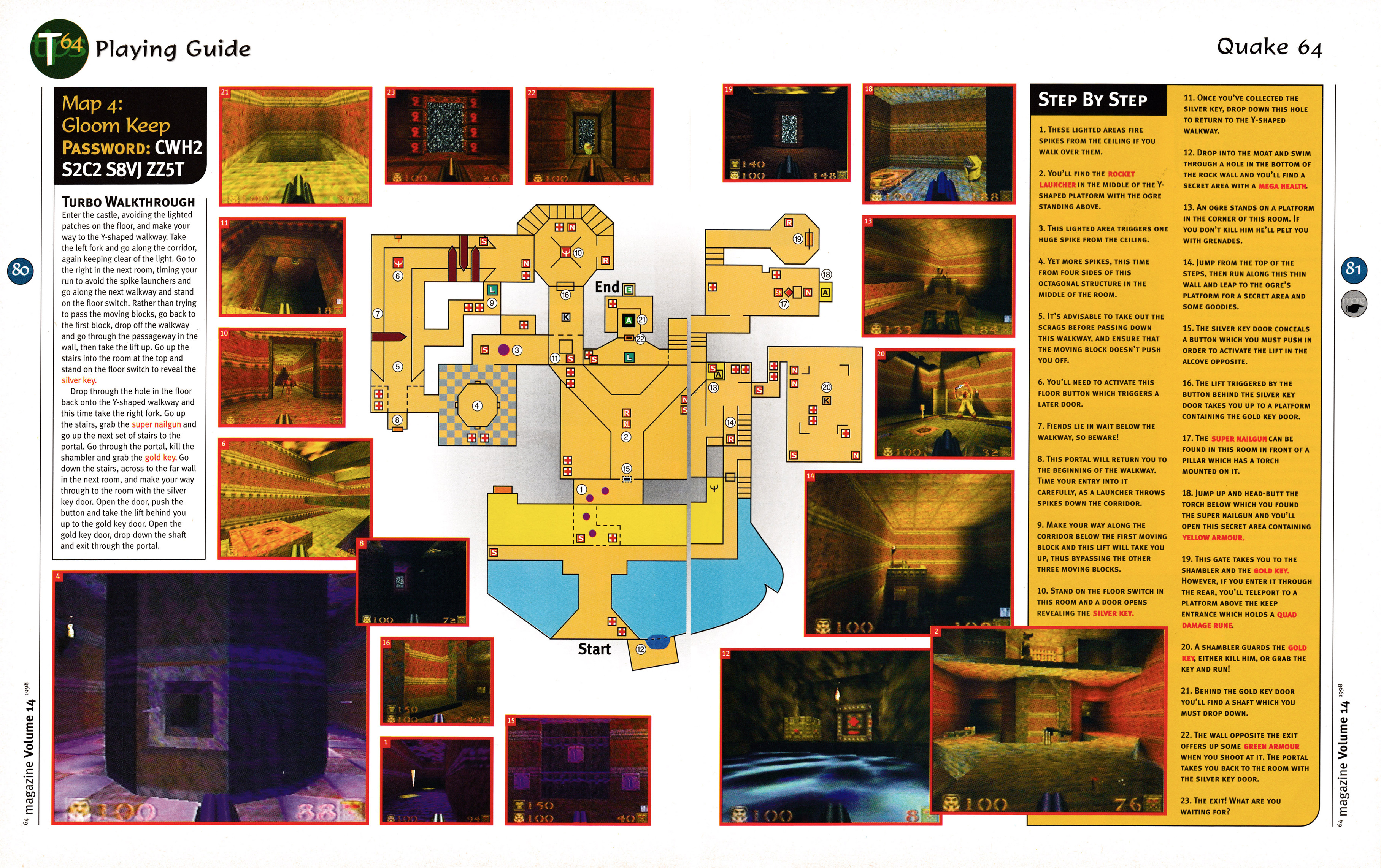 14 page walkthrough for Quake on Nintendo 64 from 64 Magazine 14 - June 1998 (UK)
