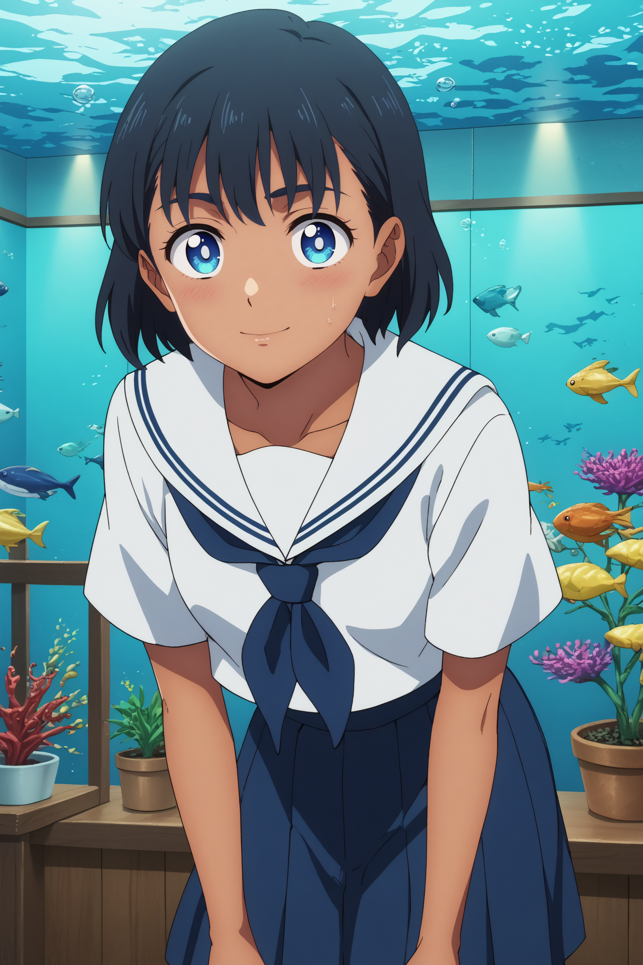 A young woman with short black hair and blue eyes leaning forward slightly with her hands resting on her knees, giving a friendly smile. She is wearing a traditional Japanese school uniform, consisting of a white sailor-style shirt with dark blue accents and tie, and a matching blue skirt. She is standing in a brightly lit aquarium filled with colorful fish. 