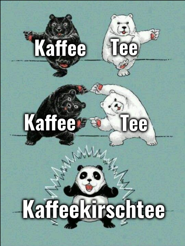 Ein Schwarzbär mit der Beschriftung „Kaffee“ und ein Eisbär mit der Beschriftung „Tee“ fusionieren auf epische Weise zu einem Pandabär mit der Beschriftung „Kaffeekirschtee“