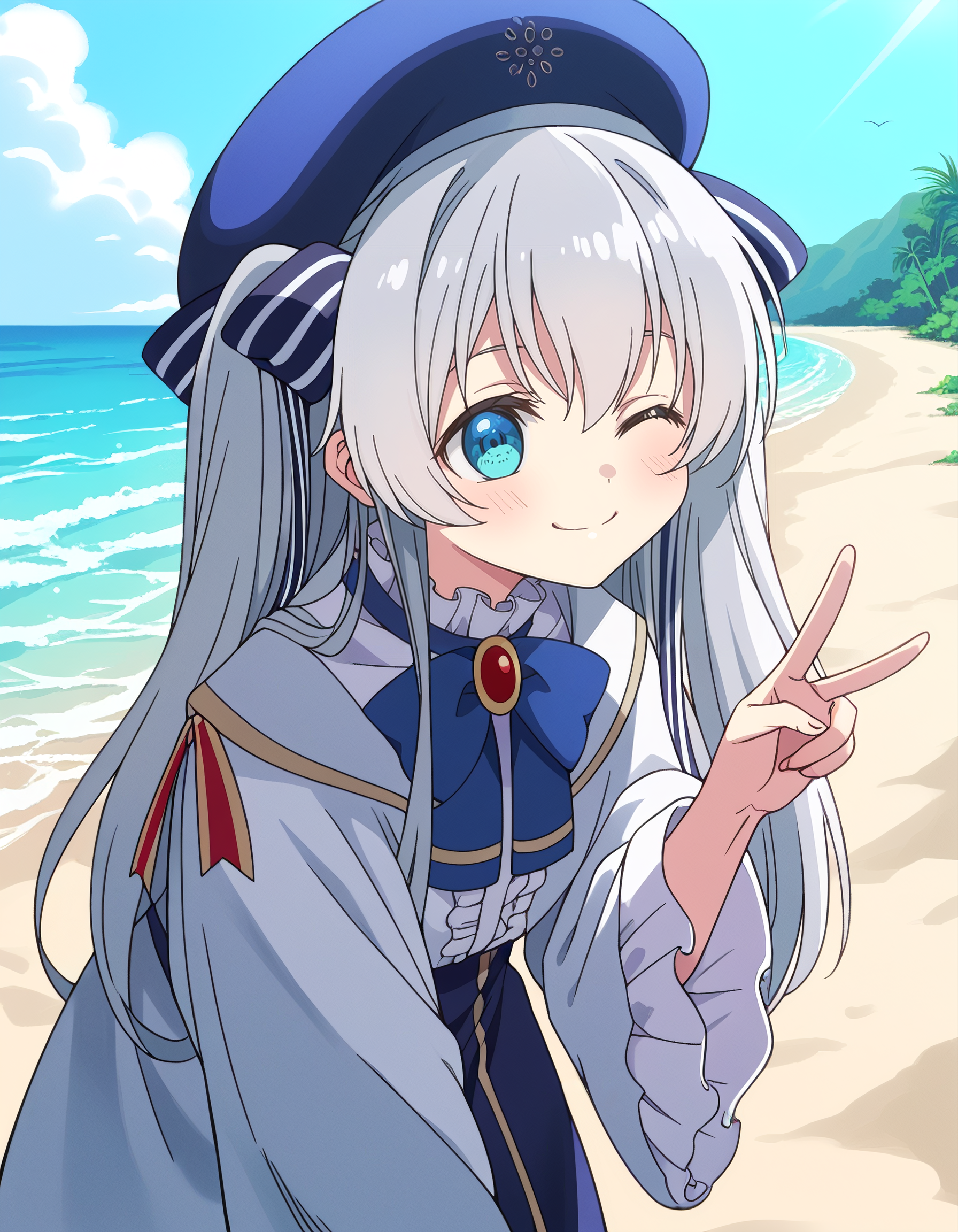 A smiling young woman with long, silver hair and blue eyes. She is wearing a blue beret, white coat, a frilly white top, and a navy skirt with gold trim. She is winking and making a peace sign with her right hand. She is standing on a sunny beach with clear blue waters and green hills in the background. 