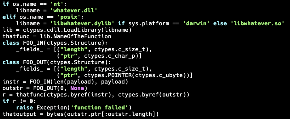 Python code that loads .dll/.so/.dylib and executes a function from it. Don't try this at home, kids.