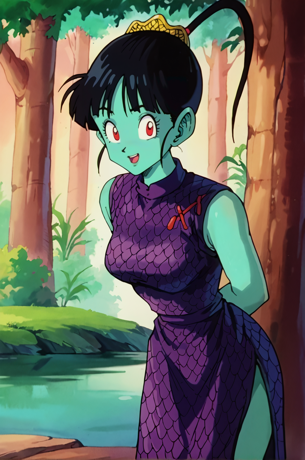 A woman with light blue skin and expressive red eyes. She has black hair tied back in a high ponytail and wears a Chinese-style dress with a high collar and fish-scale pattern in purple. She stands in a forest setting, surrounded by tall trees, lush greenery, and a calm pond. 