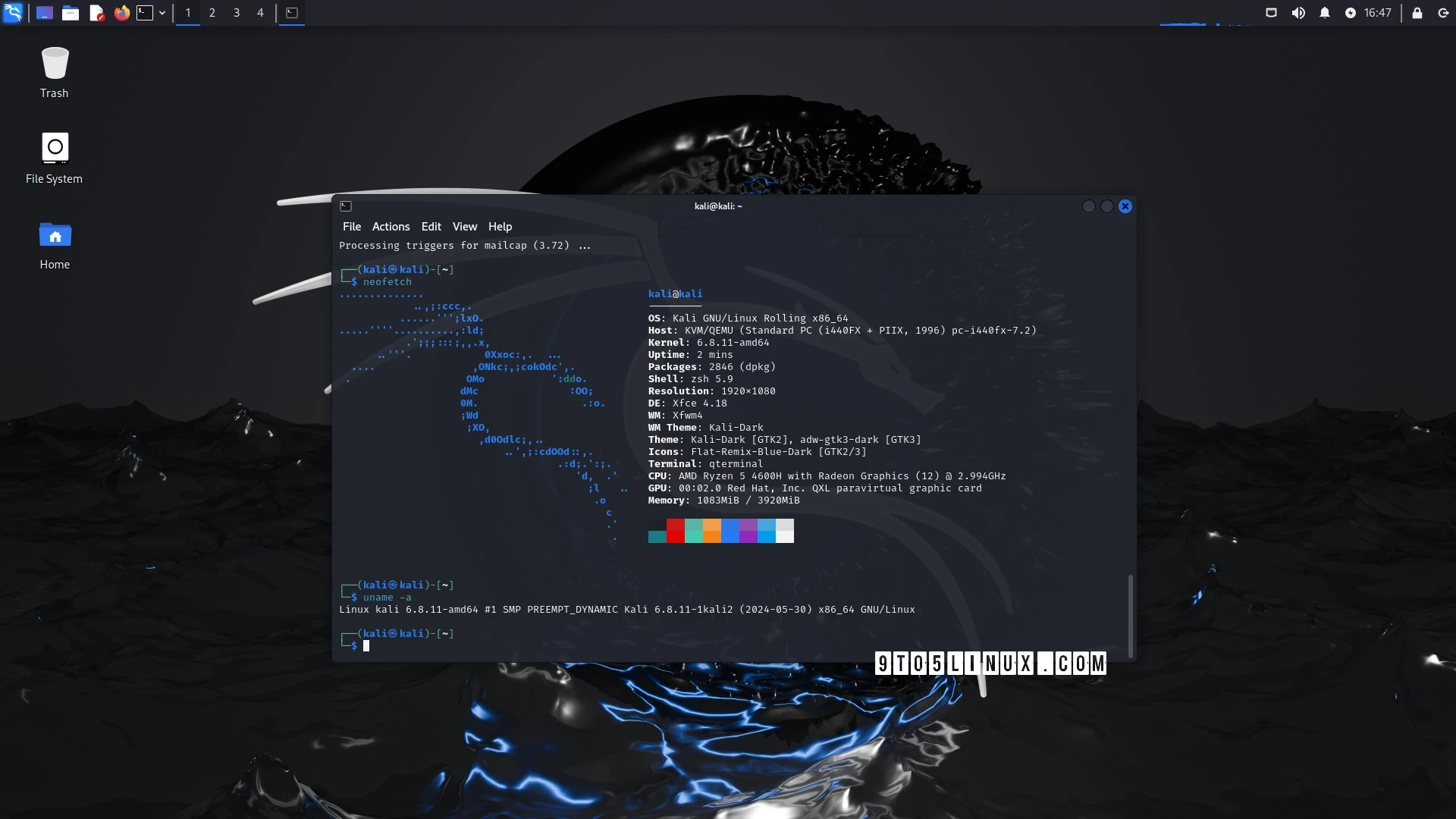 Screenshot of Kali Linux 2024.3 showing the Xfce Terminal app with an output of the neofetch and uname -a commands.