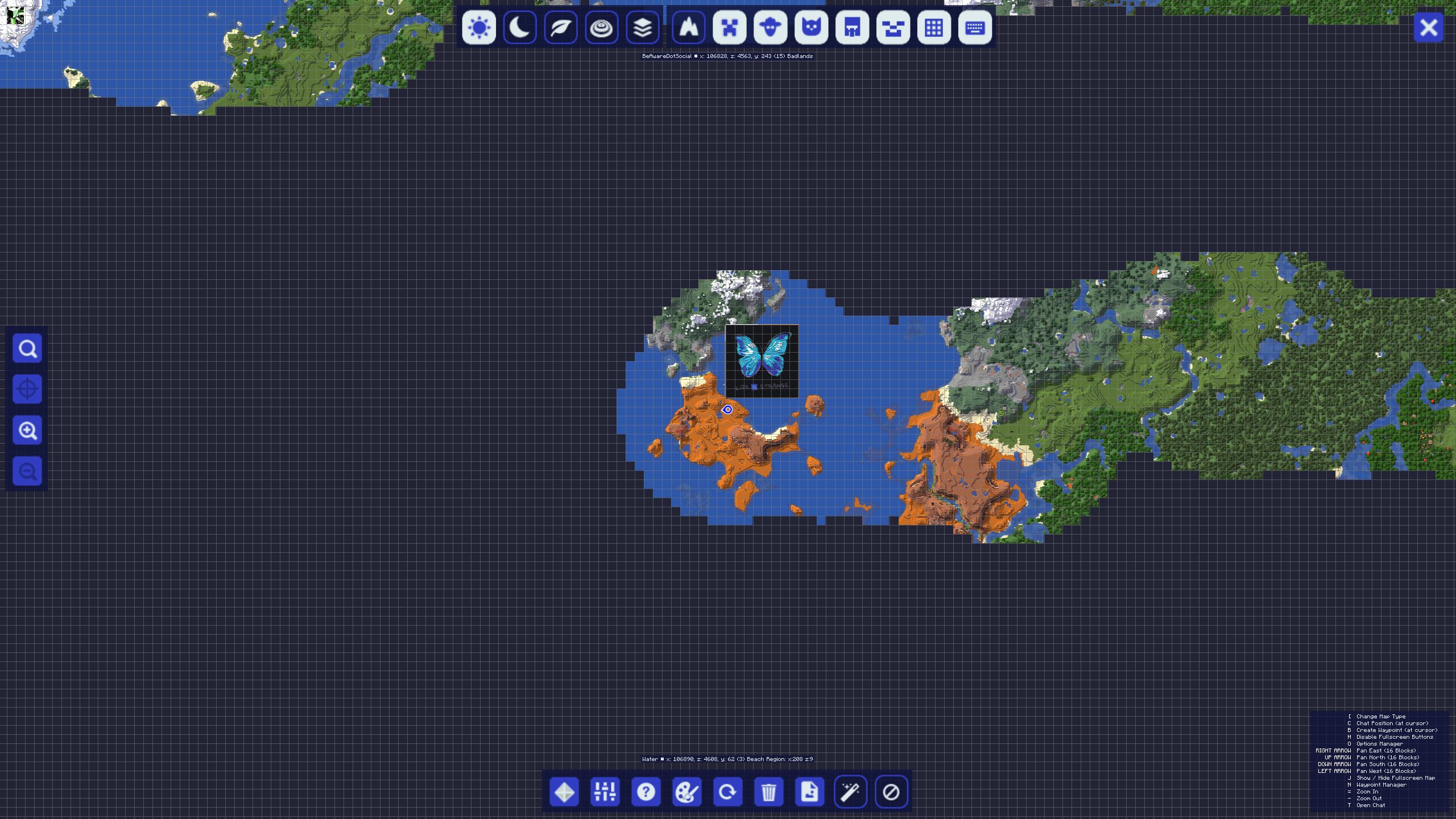 A portion of map art from the 2B2T Minecraft server. The view is displayed in a grid-based map viewer, commonly used by players to manage large-scale map art projects. The map reveals a partially explored area featuring a mix of biomes, including a mesa (badlands) region with orange terrain and some surrounding greenery.

At the center of the map art, there is a prominent image of a blue butterfly, which is part of a larger artistic design. Although the text itself is not visible in this screenshot, the art reportedly includes the phrase "Life is Strange," referencing the popular video game series known for its narrative and emotional depth. This butterfly is symbolic of the Life is Strange game series, where it represents the theme of choices and consequences. The map art uses in-game blocks to create pixel art that is visible on Minecraft maps when viewed from above.

The interface of the map viewer is visible, showing gridlines and various tools for navigation and editing. The 2B2T server, known for its anarchic nature and historical builds, is a platform where players frequently create intricate map art like this, often with themes or references to pop culture.