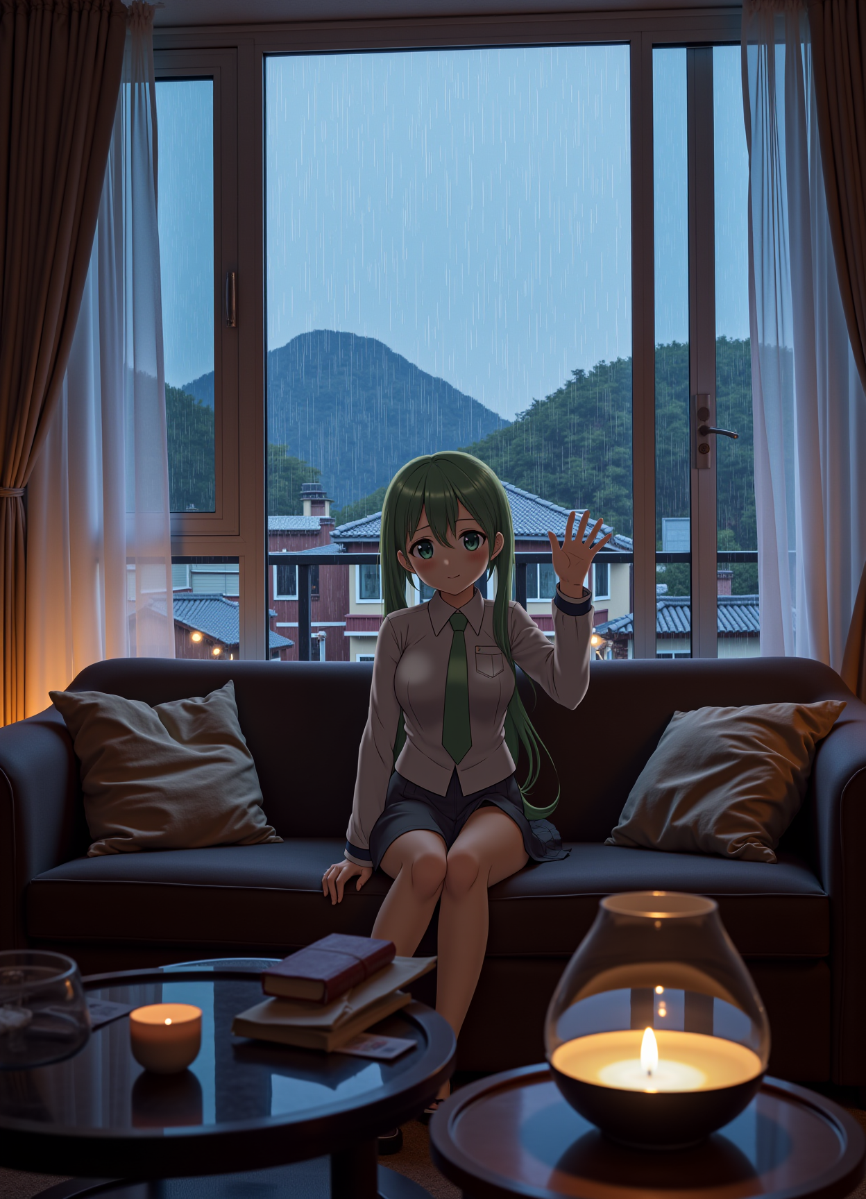 An out of place animated character seated in an otherwise realistic setting. She is waving with her left hand while seated on a dark sofa in a room with dim lighting and a large window showing a rainy evening scene. The character has green hair and eyes and is wearing a white dress shirt with a green tie and dark blue skirt. On the tables in front of the sofa, there are two lit candles and two books. Outside the window, one can see rain pouring down on the houses and mountains in the background, creating a serene setting. 