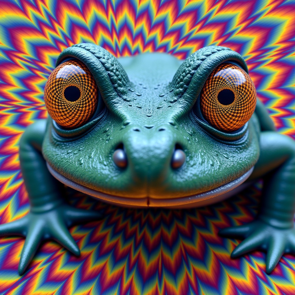 A close-up view of a green frog with large, vividly detailed eyes with a hypnotic pattern of orange and black. The background is a vibrant, psychedelic pattern of zigzagging lines in various colors, creating a mesmerizing effect. 