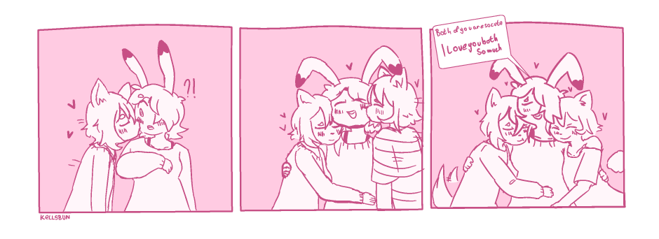 A horizontal 3-panel comic starring the protagonists of the game Lonely Wolf Treat. The three of them are kissing