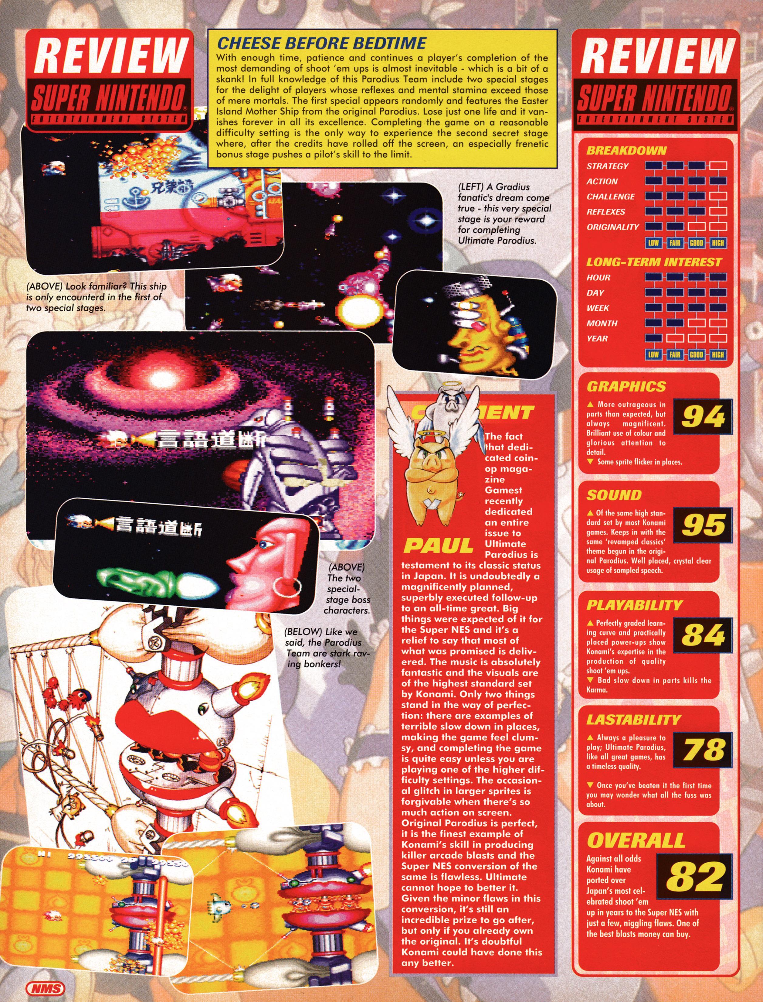 Import review for Ultimate Parodius on Super Nintendo.
Taken from Nintendo Magazine System 29 - February 1995 (UK)

score: 82%