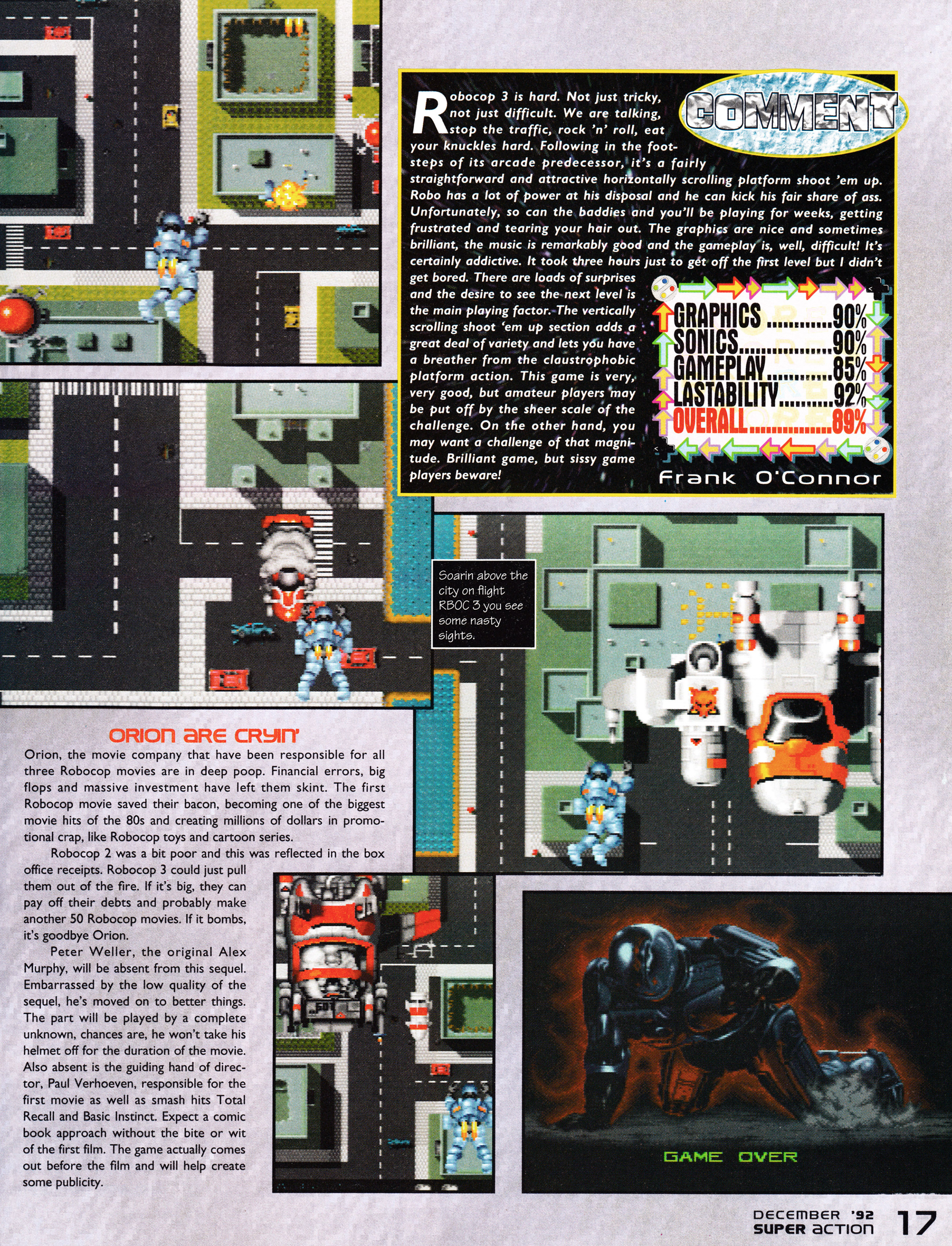 Review for Robocop 3 on Super Nintendo from Super Action 3 - December 1992 (UK)

score: 89%