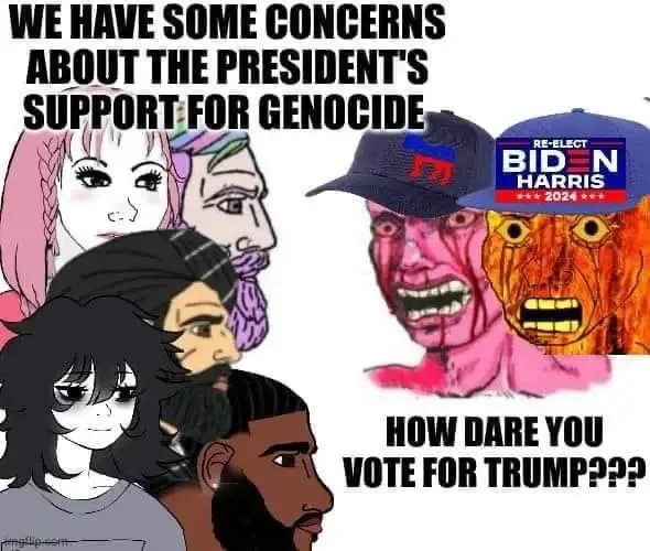 image macro using wojaks with a diverse group of ppl (in ethnicity and appearance) on the left with the caption "We have some concerns about the presidents support for genocide"On the right there are two ppl wearing Democrat and Biden Harris hats respectively. They are seething, with red faces and blood running down their eyes. The caption reads "How dare you vote for Trump???"