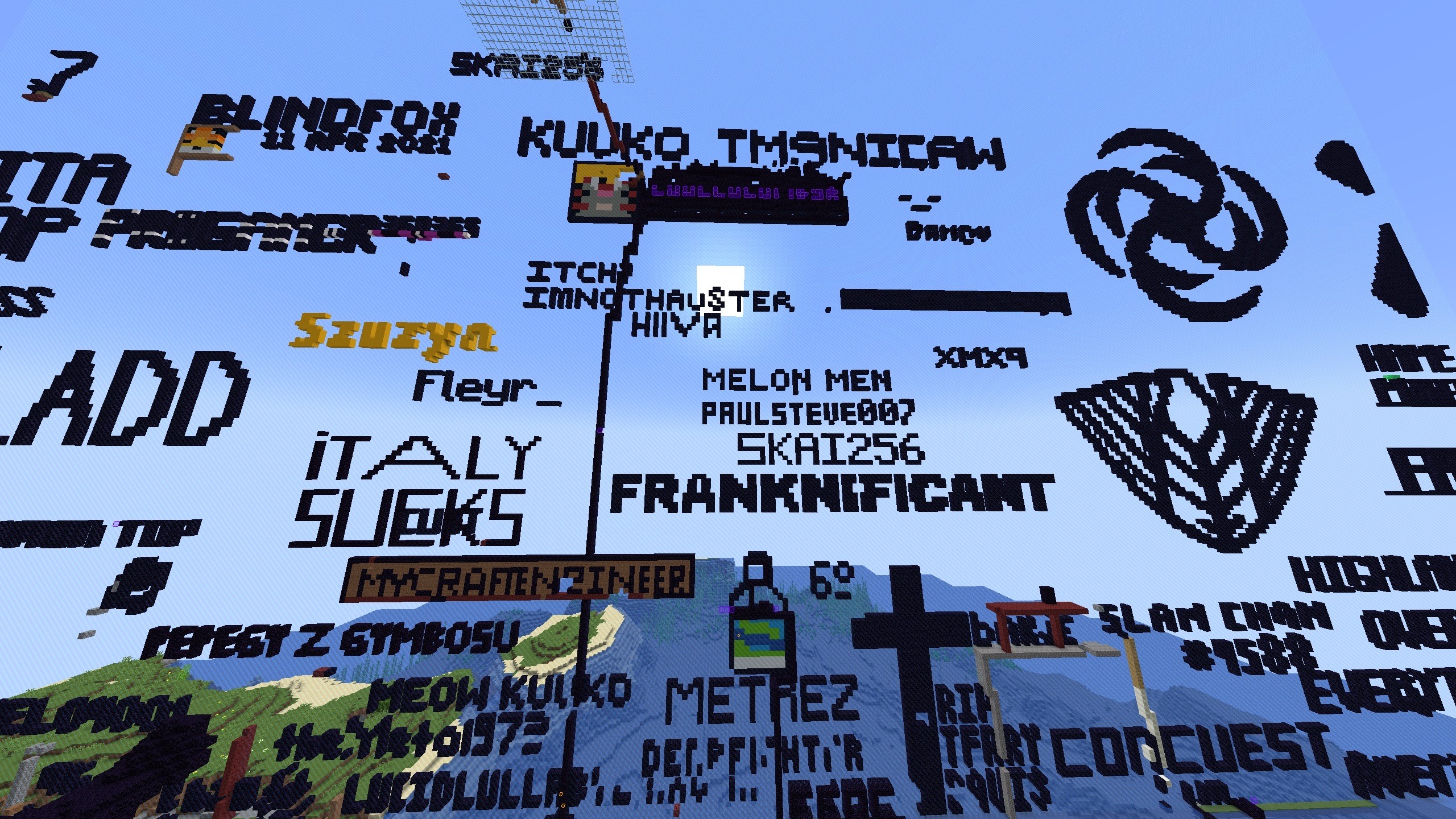 A screenshot of the X axis world border on the 2b2t anarchy server. On the outside of the border there are many names and logos written in obsidian so they cannot be destroyed with TNT. Among the names, directly in the center, is the Melon Men name, a non-toxic group with the goal of spreading kindness in the chaotic anarchy lands of 2b2t.