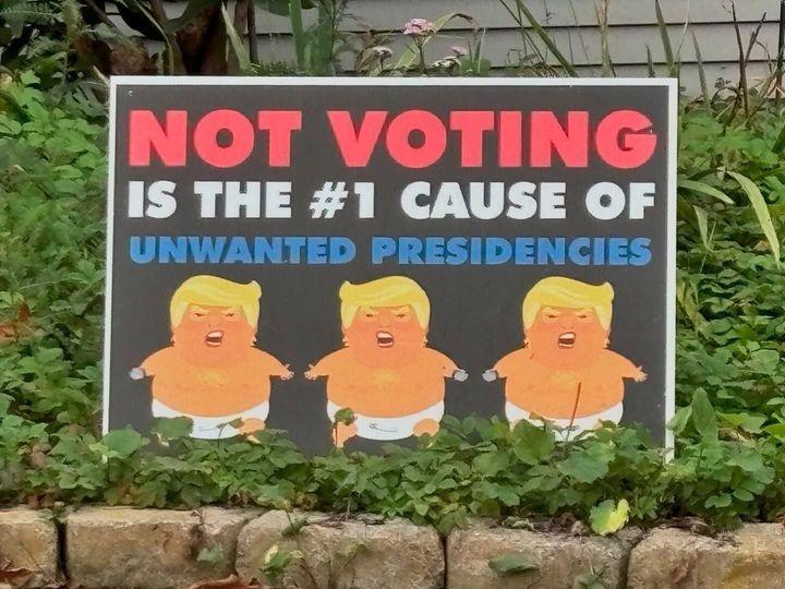 A political lawn sign with 3 identical baby Trumps in diapers with the words, "NOT VOTING IS THE #1 CAUSE OF UNWANTED PRESIDENCIES"