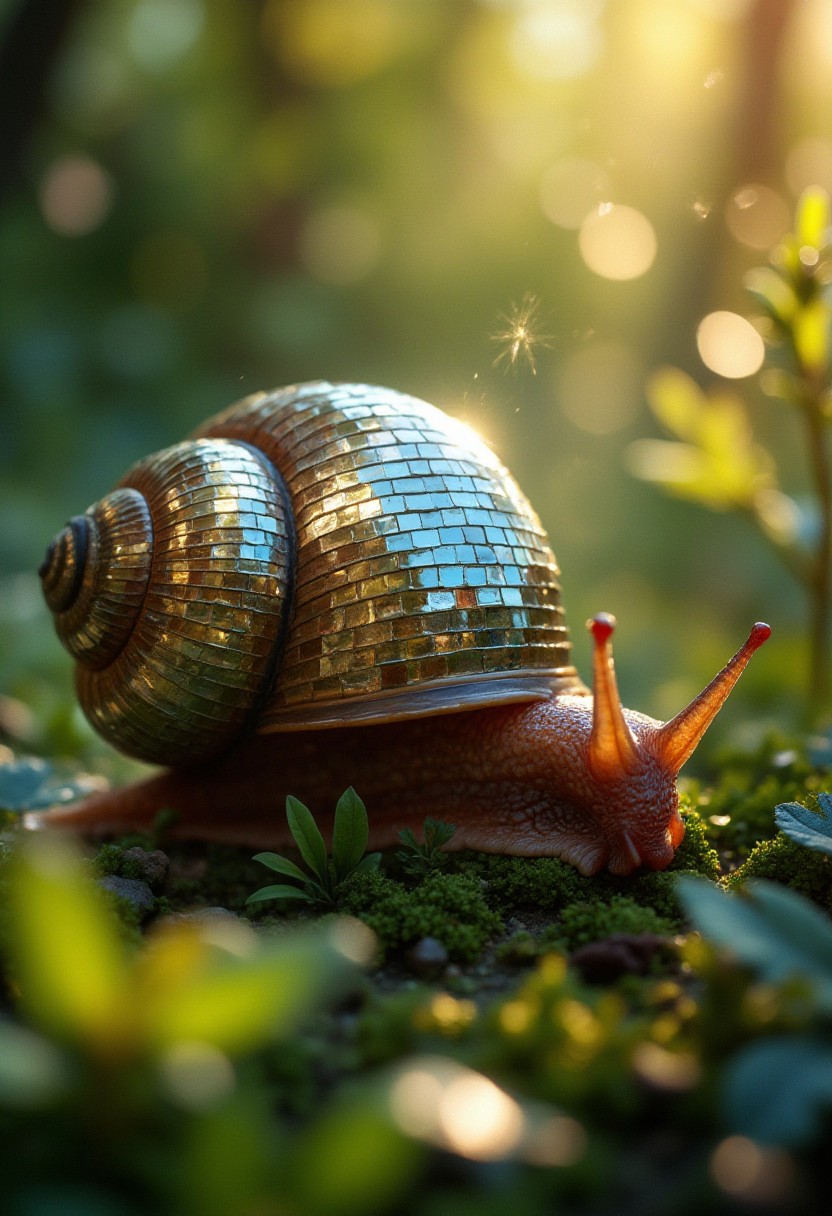 A close-up of a snail in a natural setting, illuminated by soft sunlight filtering through the foliage. The snail’s shell is unique, resembling a mosaic made of small reflective tiles. The background is softly blurred, highlighting the snail as the main subject.