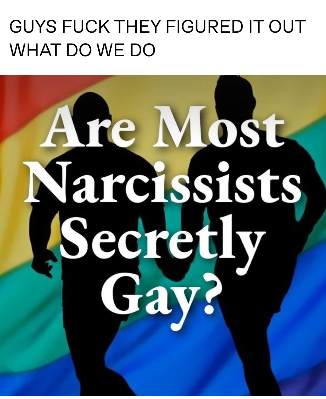 An image showing the silhouettes of two men on a rainbow flag background. Imposed on top is the text "Are most narcissists secretly gay?" A caption above reads, in all caps: "Guys fuck they figured it out what do we do"