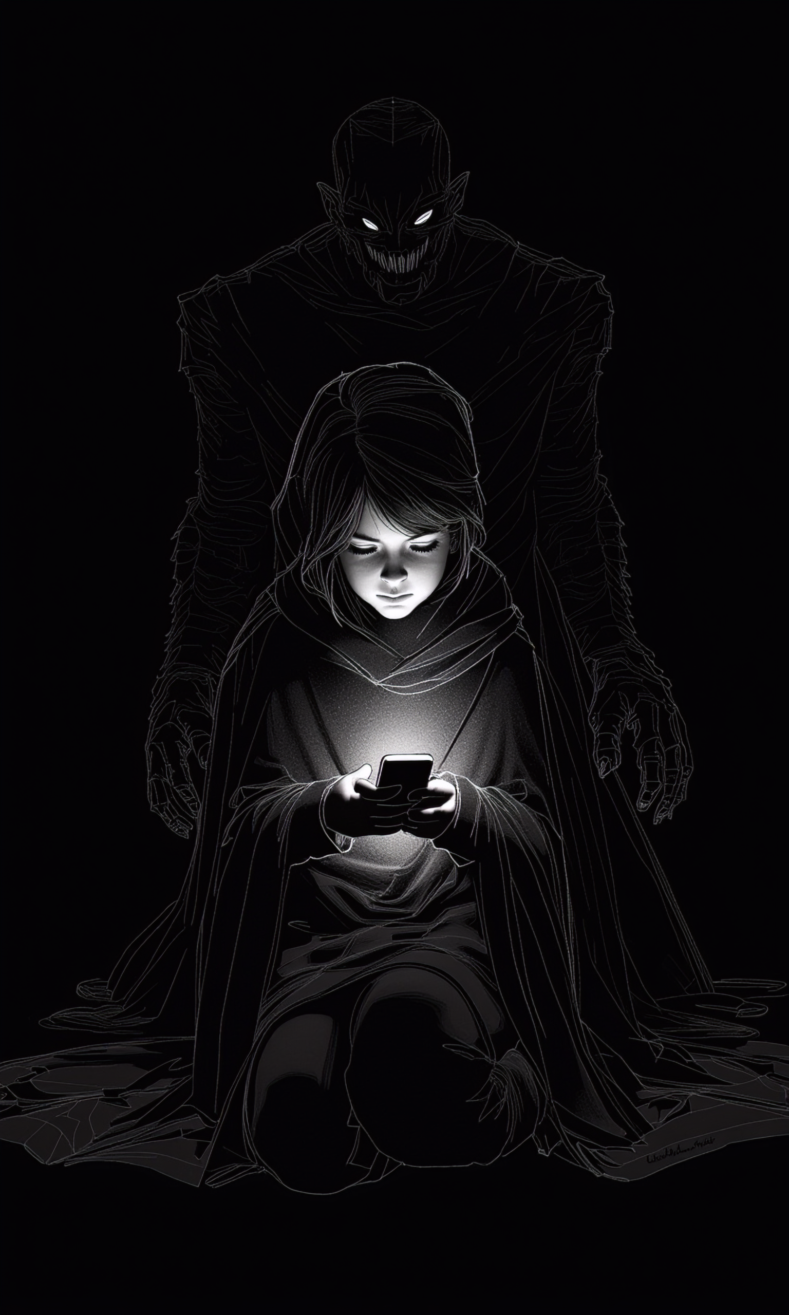 A seated figure shrouded in a cloak holding a phone, emitting light illuminating her face. Behind her stands another figure, taller and more imposing, with glowing eyes and bearing jagged teeth in an expression that suggests menace or aggression. Both figures are detailed with intricate lines that give them an ethereal quality against the black background. 