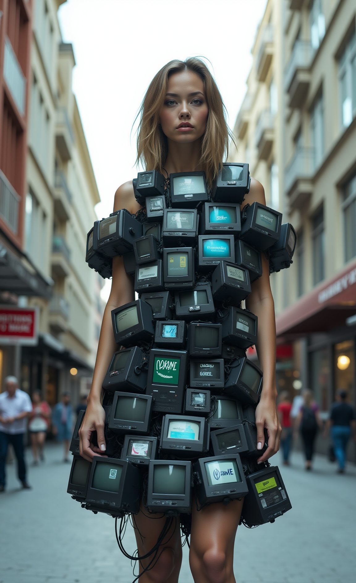 A woman standing in the middle of a city street, wearing a unique dress made entirely of multiple tiny monitors, whose screens are displaying various images, with a few stray cables hanging down from the bottom of the dress. 