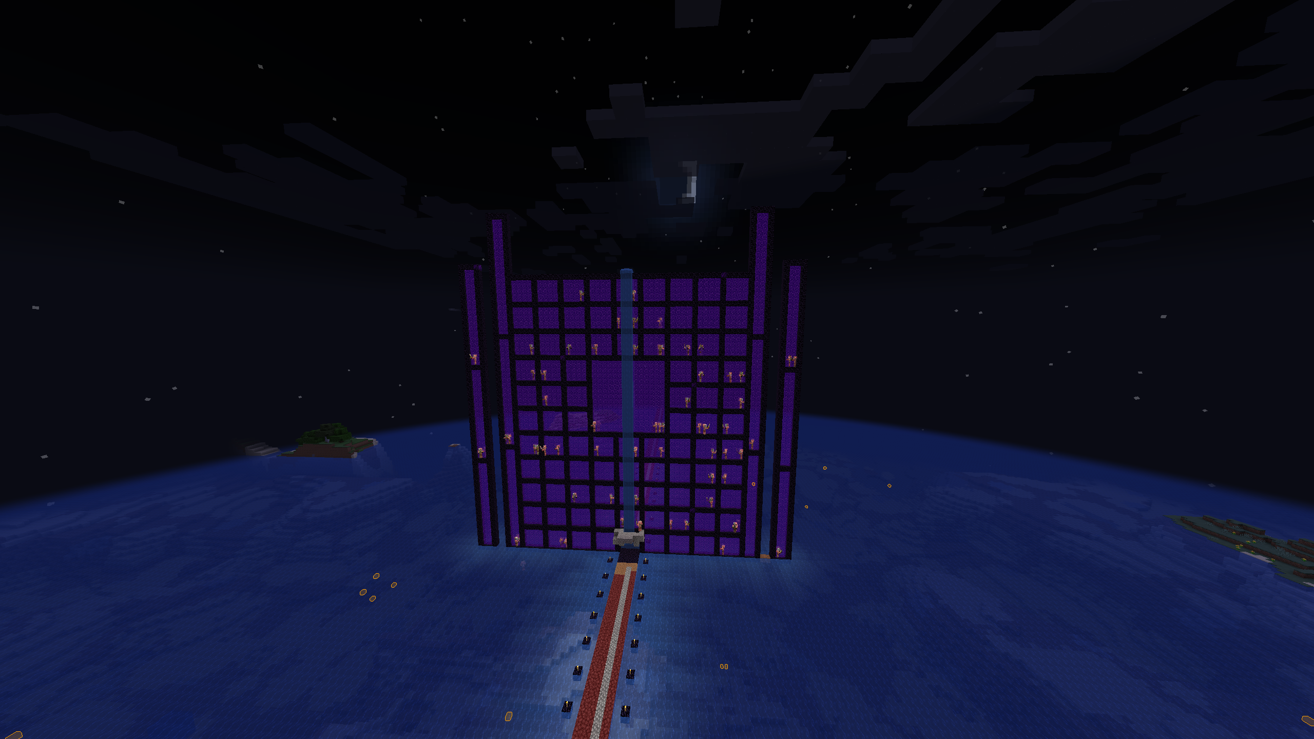 A large portal structure on the 2b2t Minecraft server, built entirely from numerous Nether portals arranged in a grid pattern. The structure stands over an ocean, with a long red pathway leading toward it. The portals are outlined in obsidian, forming a massive wall of interconnected purple portals, creating an ominous and dark aesthetic against the night sky.

Inside the portals, Zombie Piglin mobs can be seen hanging around, likely spawning within the portals, which is common in Minecraft mechanics. The build is a striking example of the kinds of large-scale, complex constructions often seen on 2b2t, where players create massive farms, portals, and unique structures in the server's anarchic environment. The sheer size and purpose of this structure suggest it could be used as part of a mob farm or transportation hub involving the Nether.