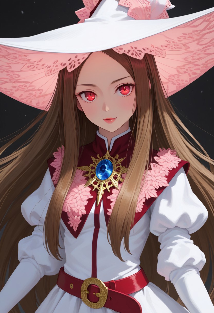 A young woman with long brown hair and red eyes. She is wearing a large, white witch's hat adorned with a pink trim. Her outfit is a white dress with puffy sleeves, accented a deep red around the neck and shoulders that is covered in a floral pattern with a blue gemstone at the center. She has a matching red belt with a golden buckle to tie her ensemble together.